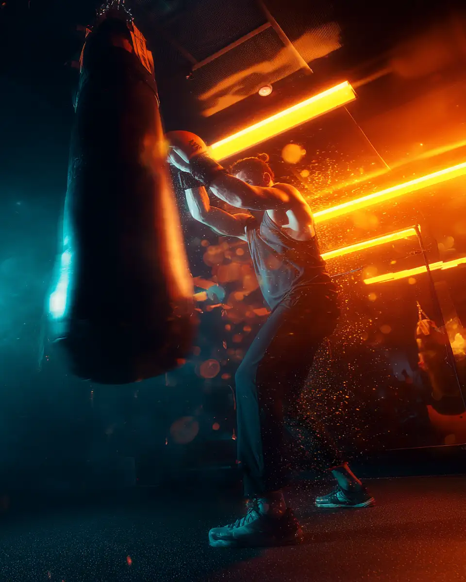 Ambiance énergique du studio L’Héritage avec éclairages LED et séance de boxe intense