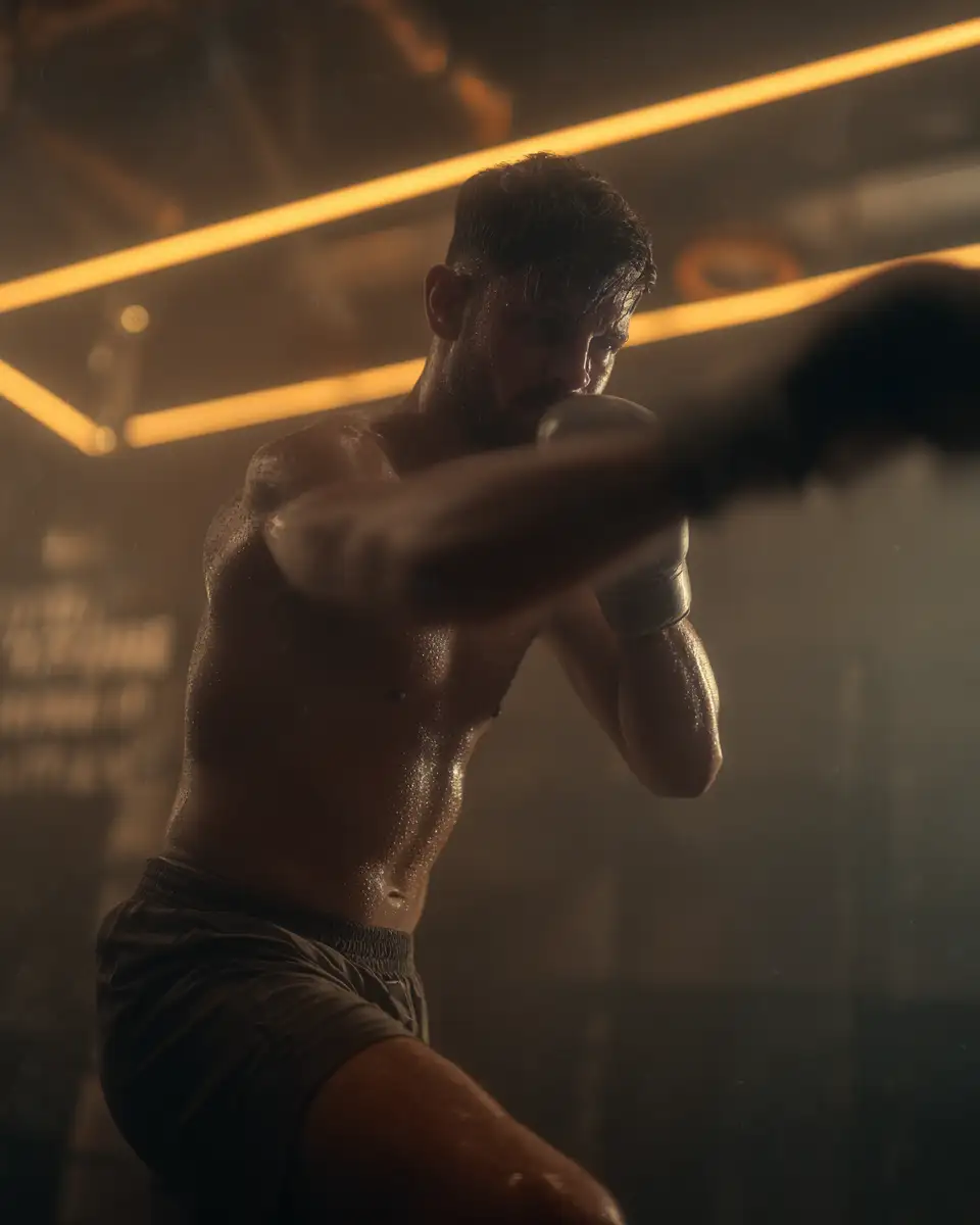 Athlète en pleine performance au club L’Héritage, entraînement intensif de boxe et renforcement musculaire